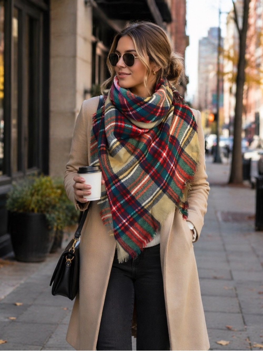 Boutique 100% Acrylic Women's Red Green Tan Plaid Blanket Scarf Wrap Onesize